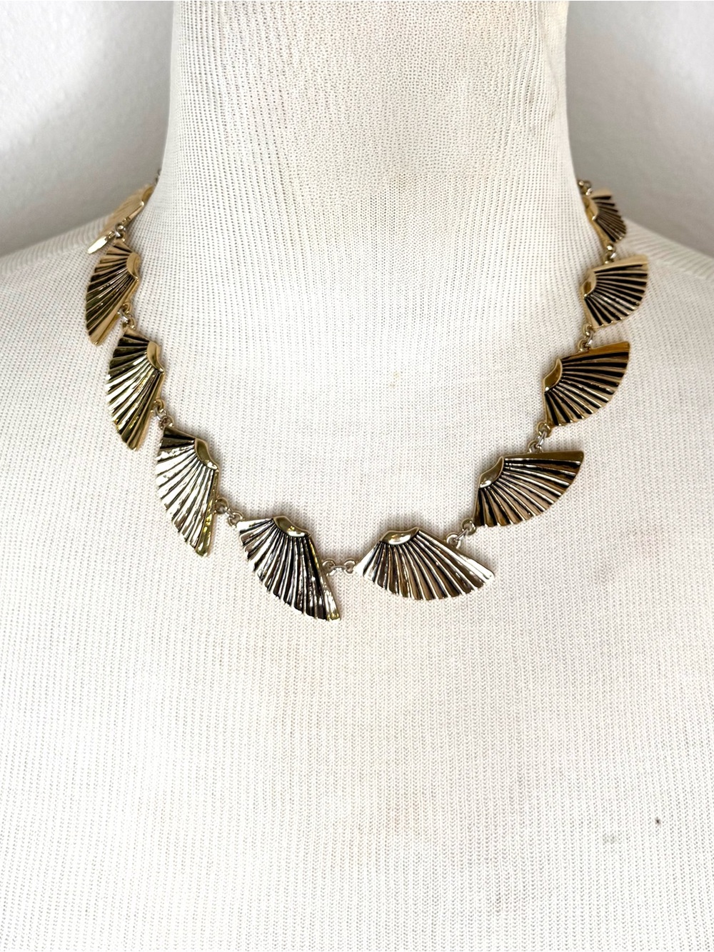Lulu Frost Gold Fan-Link Statement Necklace Bold Angel Wing Metallic Bib